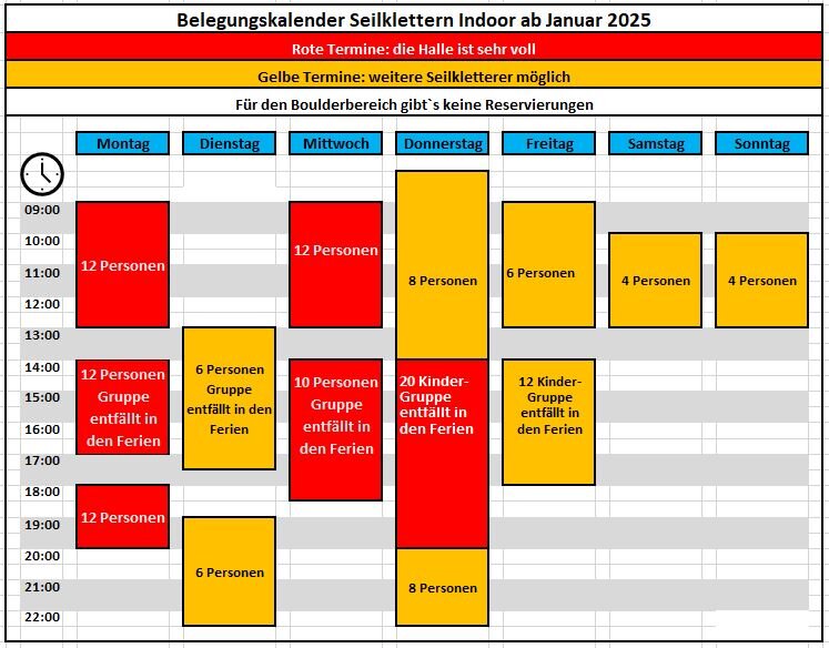 Belegungskalender Indoor | © DAV Kaufbeuren-Gablonz Der aktuelle Belgungskalender Indoor ab Jan. 2025 | © DAV Kaufbeuren-Gablonz