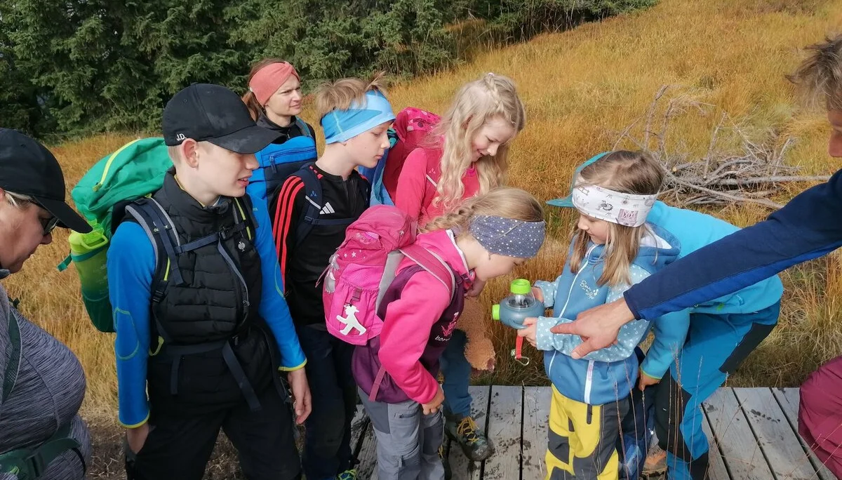 Eine Bewohnerin des Hochmoors wird näher untersucht (eine Raupe) | © Michael Puppe